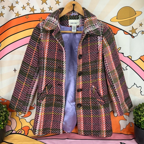 {Cherokee} Vintage Pink & Plaid Striped Mid-Length Wool Coat, Authentic Original - Picture 8 of 15